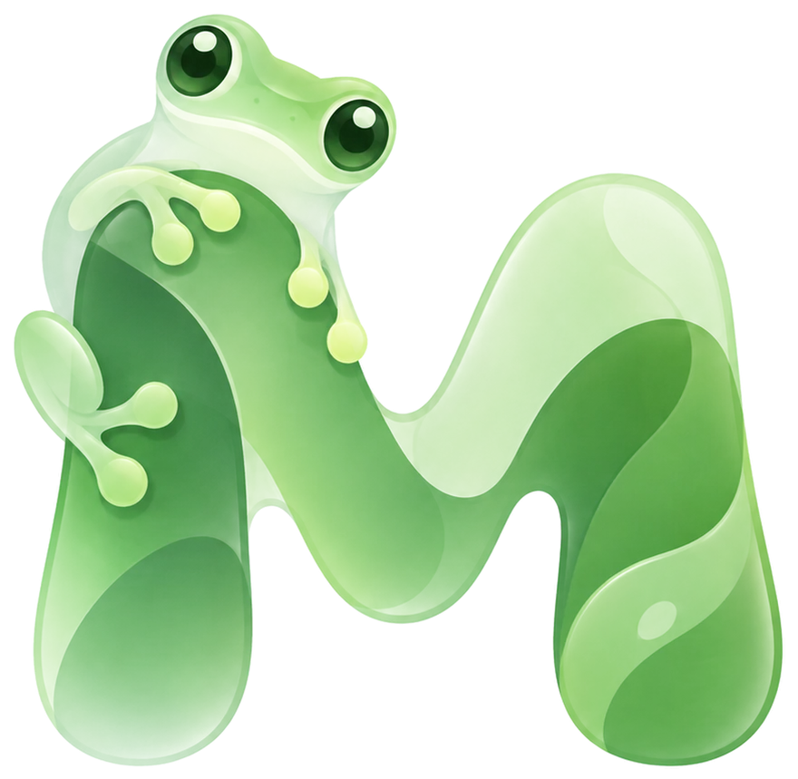 The Maeish mark: a tree frog climbing a glossy green letter M
